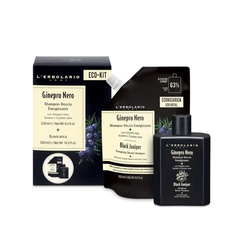 L'Erbolario Ginepro Nero Eco Kit Shampoo Doccia Detersione Corpo e Capelli 250ml + ricarica 500ml Scelto Dai Clienti