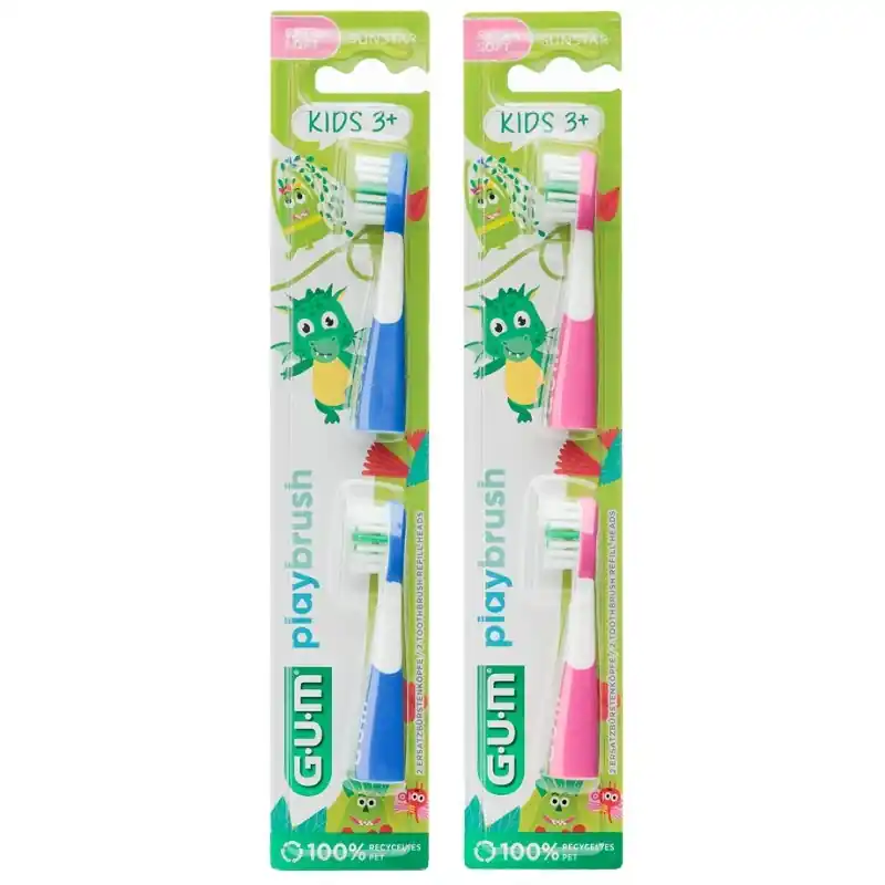 Nuovo Arrivo Gum Playbrush Spazzolino Kids 3+ Refill Rosa per Igiene Orale Bambini 2 Testine Ricambio